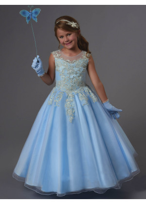 Gold Lace Blue Organza Floor Length Wedding Flower Girl Dress